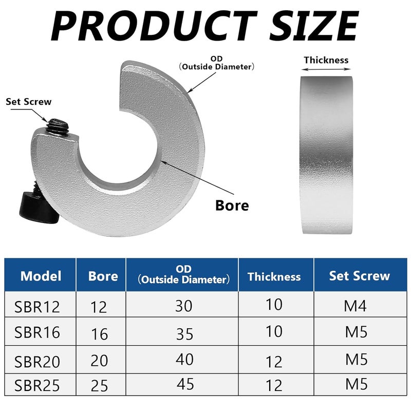 Opfiue 4PCS Shaft Collar for SBR20, 20mm Bore 40mm OD 12mm Thickness,Aluminum Alloy Locking Collars Clamp-On with M5 Set Screw, Anodized Linear Rail Stop for CNC and Linear Motion Systems - Image 3